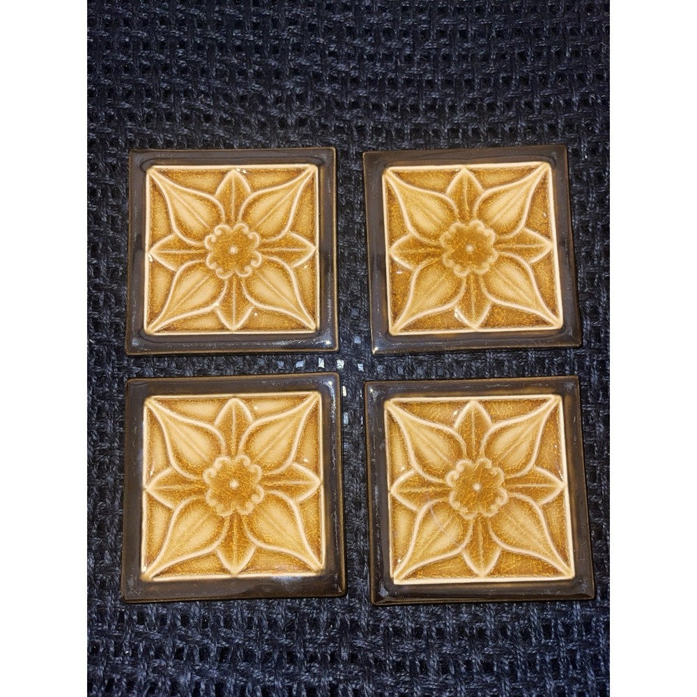 Vintage 4-pc Set Majolica Glazed Tiles 4" Ceramic Coasters Tan Brown